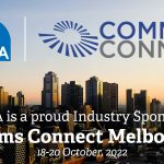 ARCIA and Comms Connect logo overlaid on a photo of Melbourne. Promoting ARCIA's industry partner for Melbourne Comms Connect 2022.
