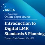 Promotional image of abstract blue shapes with details for ARCIA short course on introduction to Digital LMR standards and planning alongside the ARCIA logo