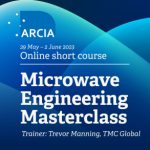 Promotional image of abstract blue shapes with details for ARCIA short course on microwave engineering alongside the ARCIA logo